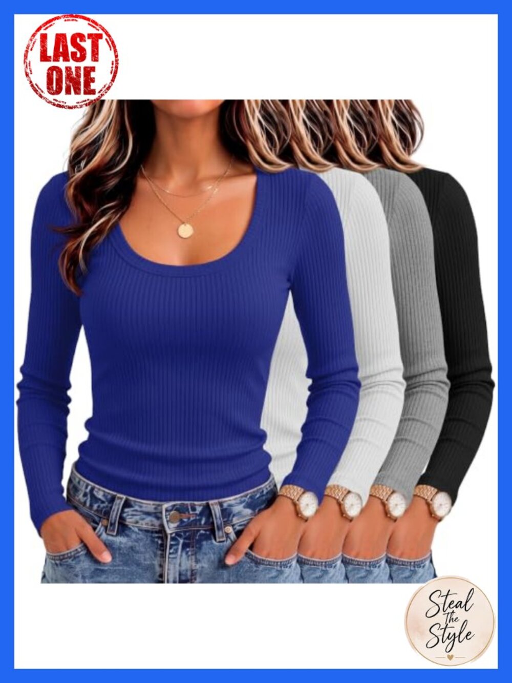 Women's Cotton Ribbed Long Sleeve T-Shirts 4 Pack Slim Fit Layer Tees